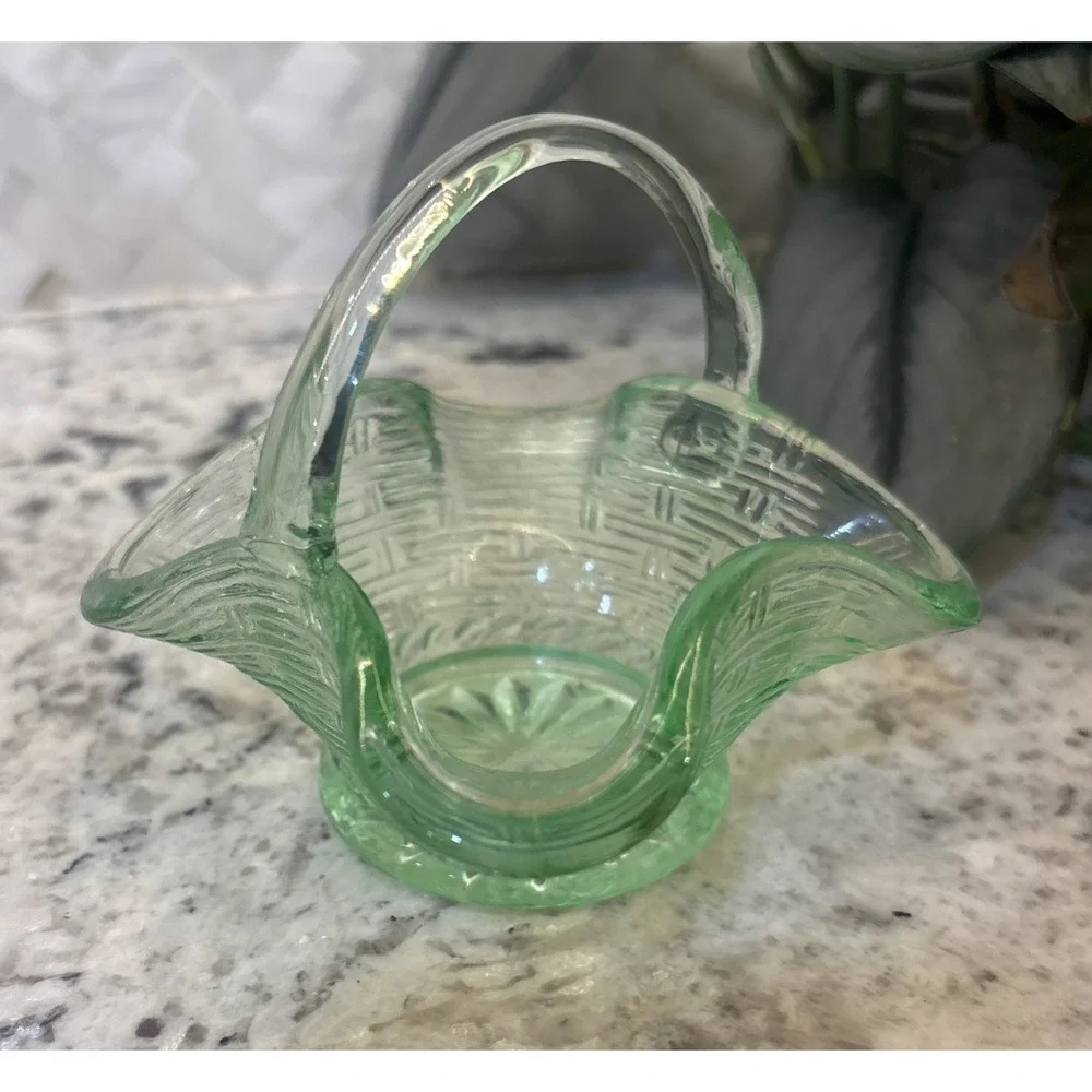 Vintage Green Glass Mini Basket Candy Dish No Chips